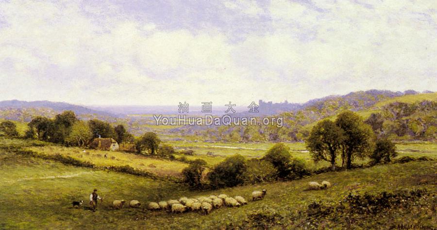 Near Amberley, Sussex, with Arundel Castle in the Distance - 阿尔弗雷德·格伦迪宁